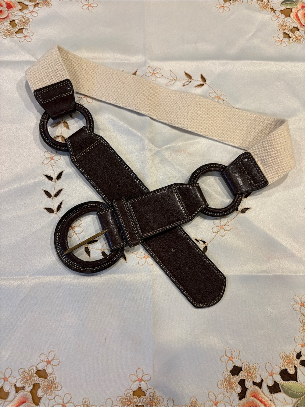 Wide Elastic Belt with Brown Leather Accents – Cream XL